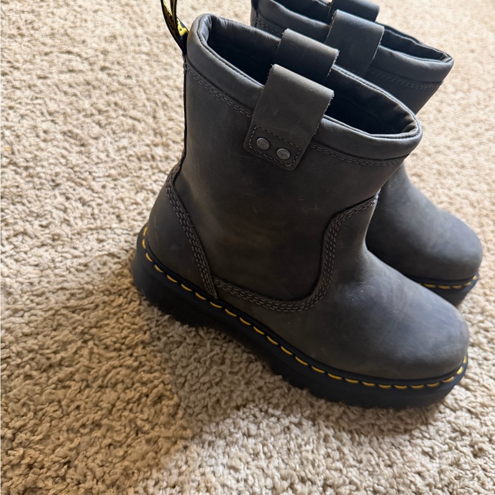 Women's Gray Leather Pull-On Ankle Boots with Yellow Stitching